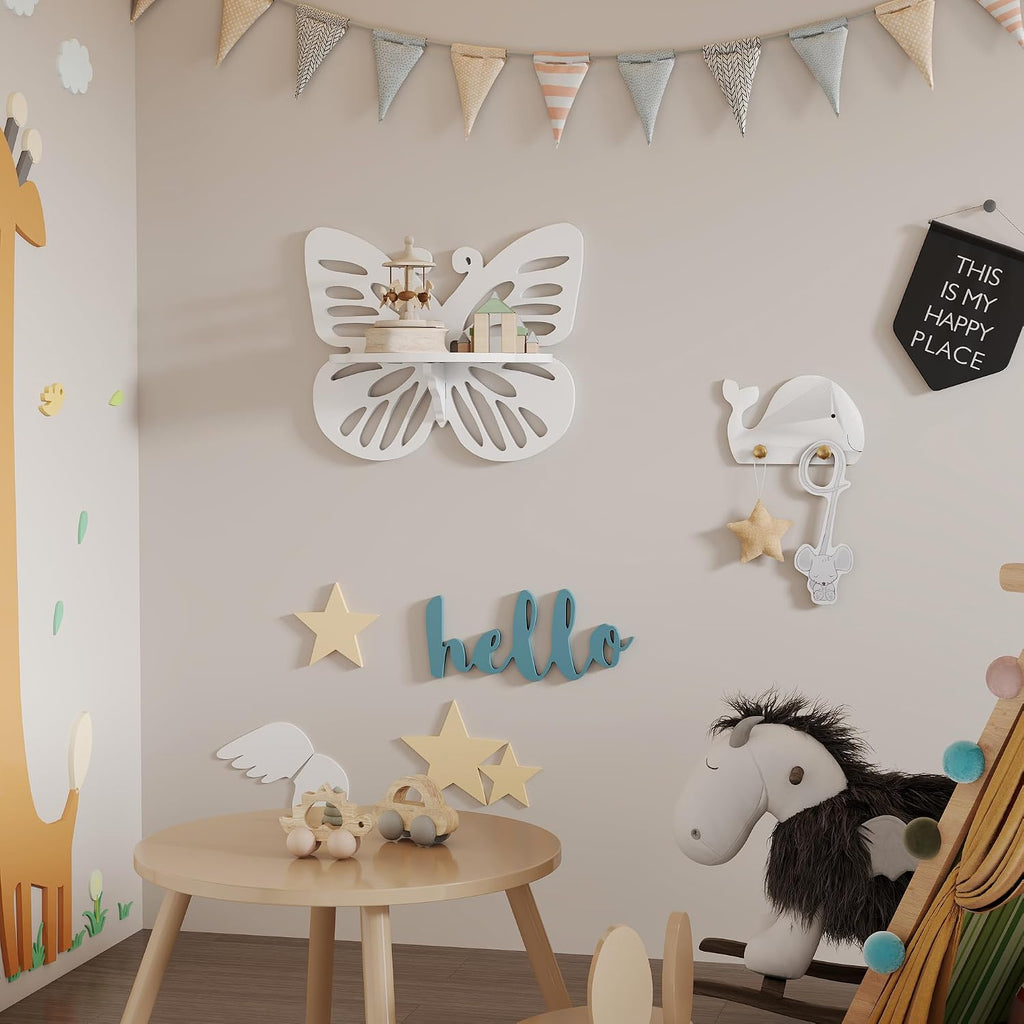 Butterfly Shaped Nursery Wall Deor Floating Shelf, Cute Wall Display Rack for Kid’s Room, Small Decorative Shelf Wall Mounted, White Hanging Wall Shelf for Toys, Plants and Decorations Storage, White