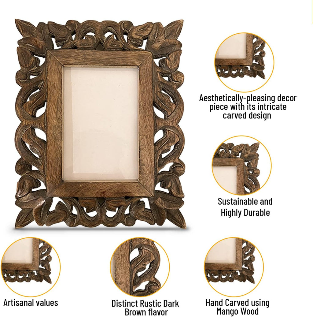Hand Carved Mango Wood Rustic 4x6 Picture Frame with Real Glass - Aesthetic Vintage Wood Frame for Tabletop Use - Rustic Home Decor Perfect for Your Memories