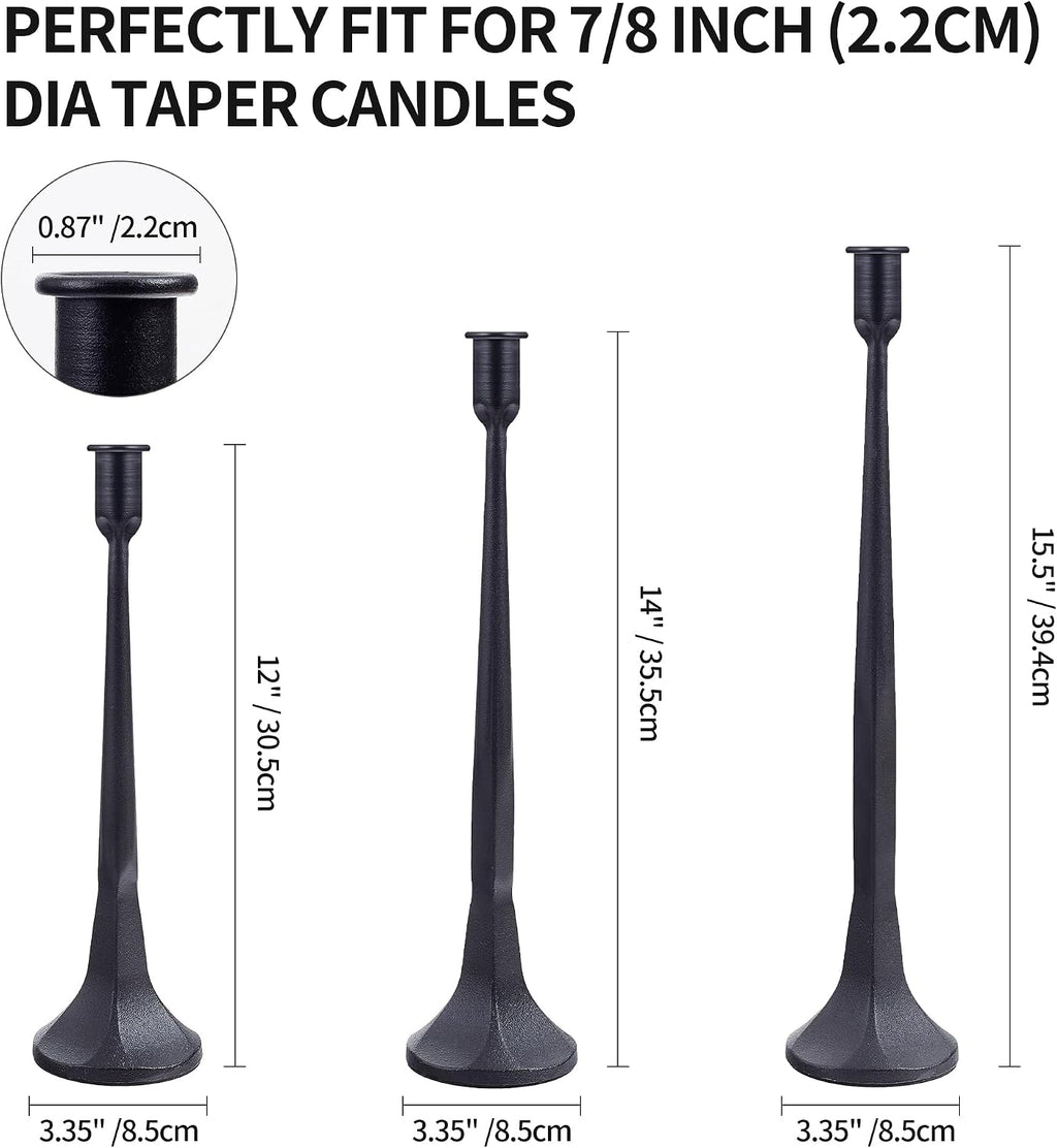 Iron Taper Candle Holder Set of 3 15.5” 14” 12” Decorative Modern Vintage Metal Tall Candlestick Holders for Wedding, Dinning Table,Mantle, Party Decoration (3, Black)