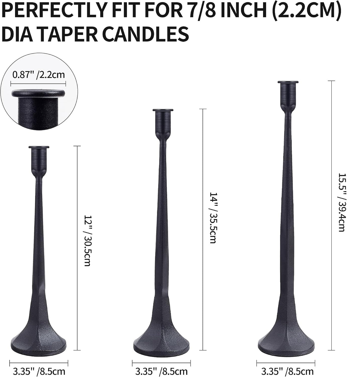 Iron Taper Candle Holder Set of 3 15.5” 14” 12” Decorative Modern Vintage Metal Tall Candlestick Holders for Wedding, Dinning Table,Mantle, Party Decoration (3, Black)