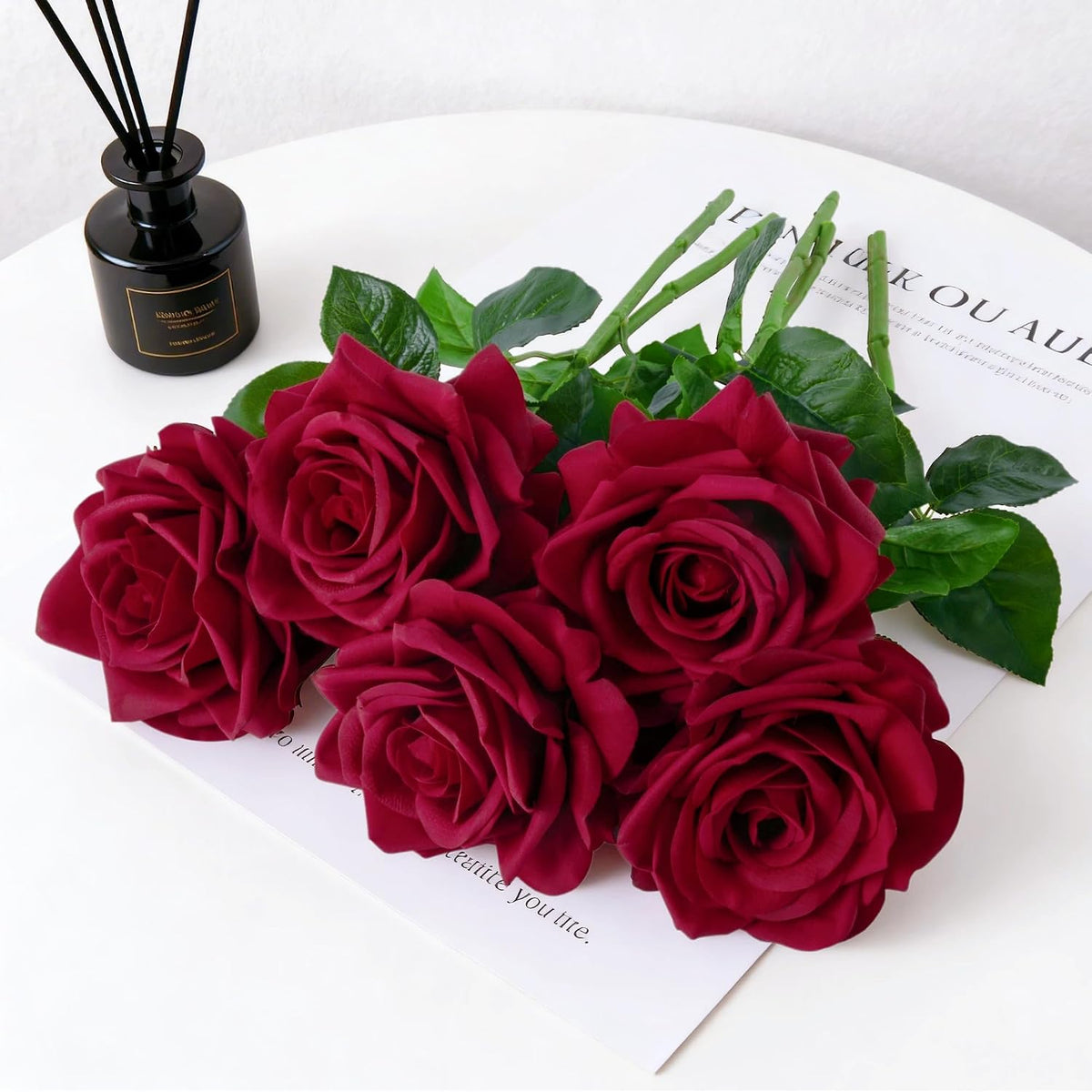 Real Touch Roses Artificial Flowers, 5Pcs Dark Red Faux Silk Rose