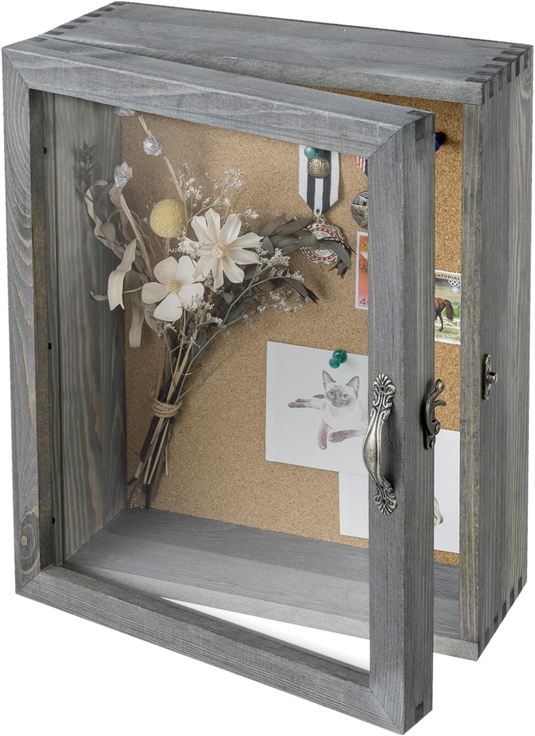 MyGift 11x14 Vintage Gray Solid Wood Deep Shadow Box with Cork Board Backing, Wall Mounted Display Case with Clear Acrylic Front Window Panel, Metal Handle