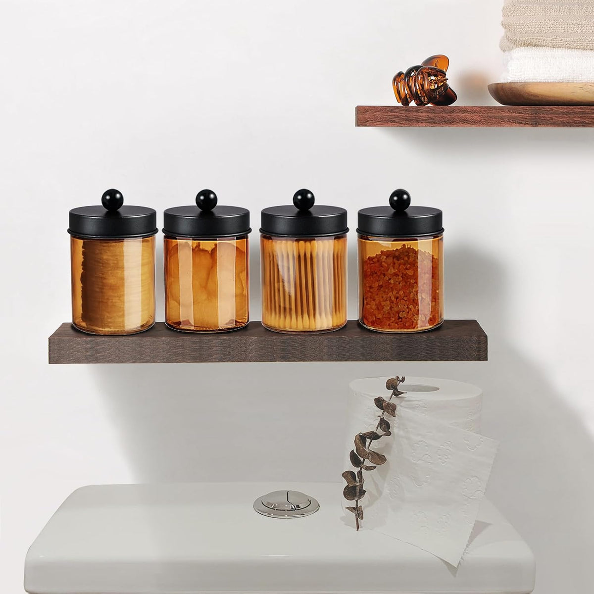 Amolliar Bronze Amber Glass Apothecary Jar, Qtip Holder Storage Black 4Pack