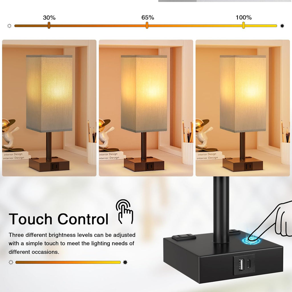 Grey Touch Table Lamp for Bedroom - Dimmable, USB C+A, 2 AC Outlets