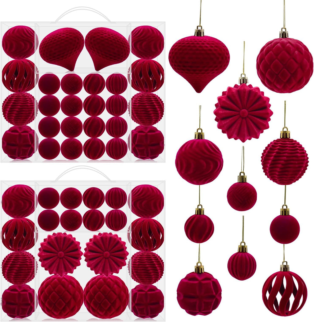 48PCS Velvet Christmas Ball Ornaments, Flocked Balls Xmas Tree Decorations, Shatterproof Christmas Hanging Ornaments Set, Assorted Styles in 1.57/2.36/3.15Inch, Velvet Burgundy