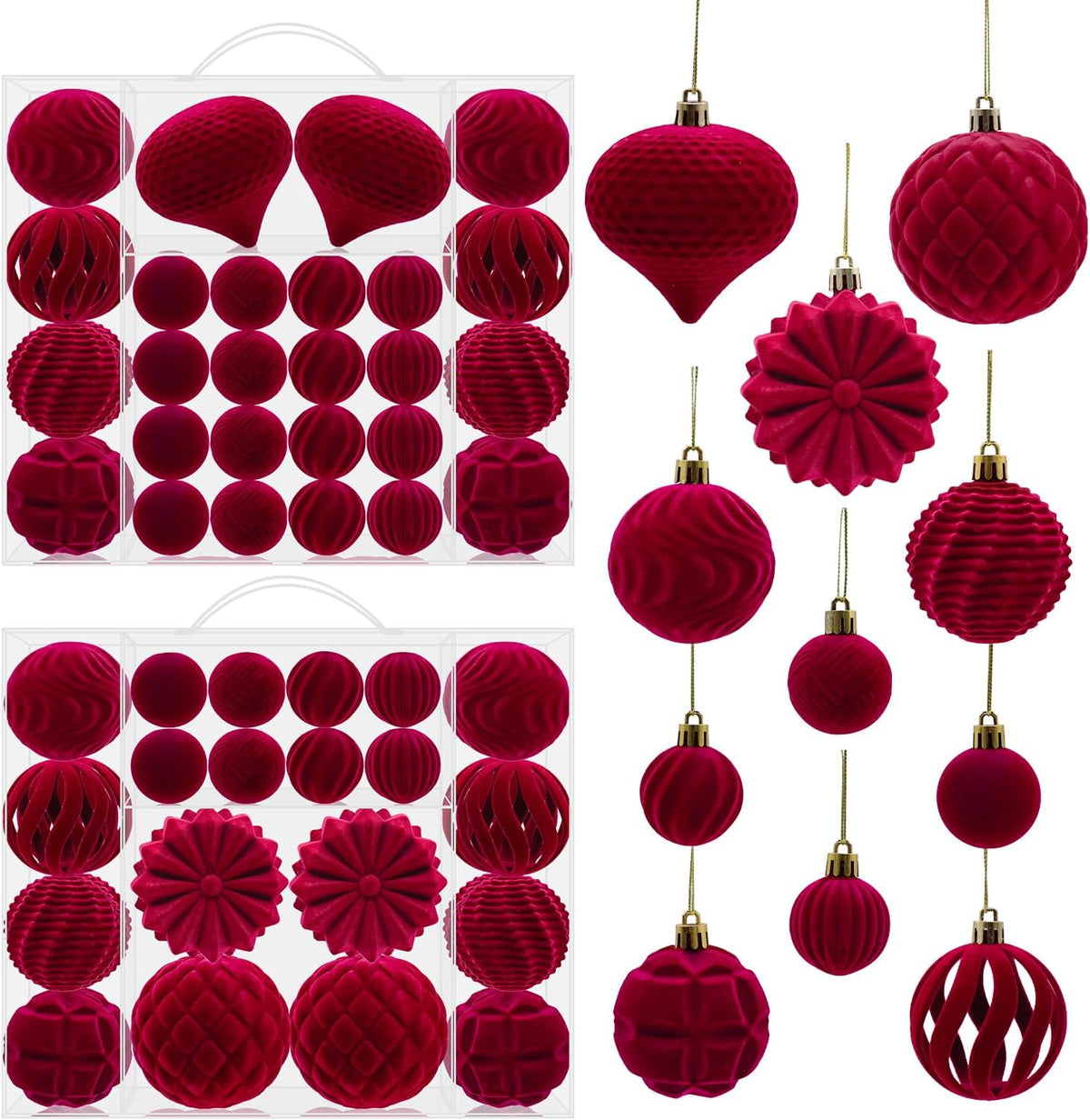 48PCS Velvet Christmas Ball Ornaments, Flocked Balls Xmas Tree Decorations, Shatterproof Christmas Hanging Ornaments Set, Assorted Styles in 1.57/2.36/3.15Inch, Velvet Burgundy