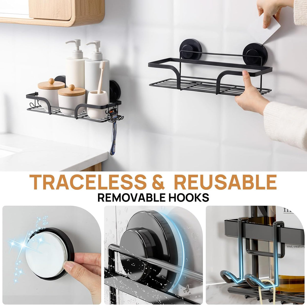LEVERLOC Shower Caddy Suction Cup, 2 Pack Shower Shelves for Inside, Black