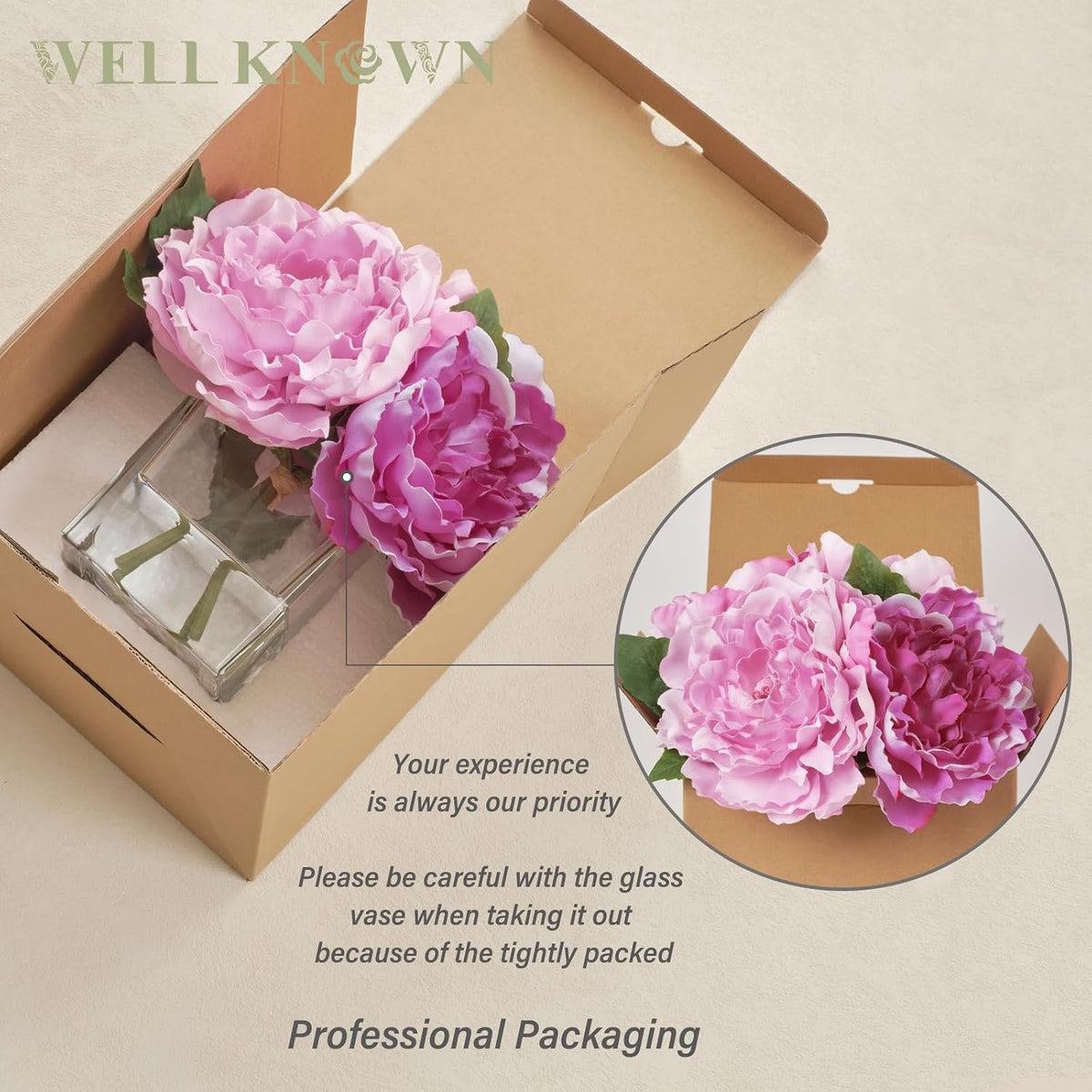Artificial Peonies Flowers Arrangements in Cube Glass Vase, WELLKNOWN Silk Flower Centerpieces for Dining Room Table, Coffee Table Decor, Faux Peony Flowers with Faux Water (Bicolor Purple)