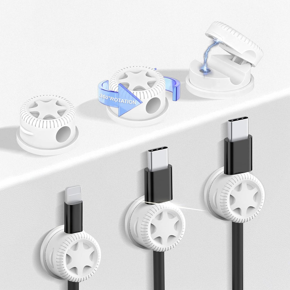 6Pack Cord Organizer Magnetic Cable Clips, 360° Rotation Cable Clips - Adjustable Cord Holder for Nightstand, Adhesive Cable Management Cord Clips, Cable Holder & Charger Organizer（White