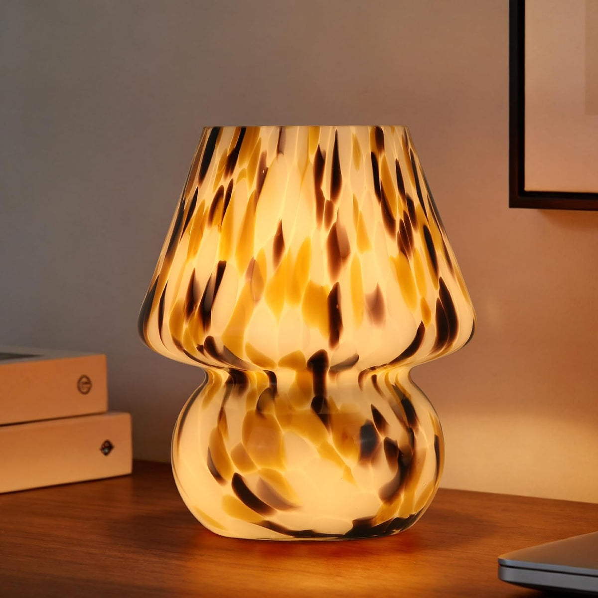 Mushroom Lamp with LED Bulb, Small Glass Bedside Lamp, Brown&White