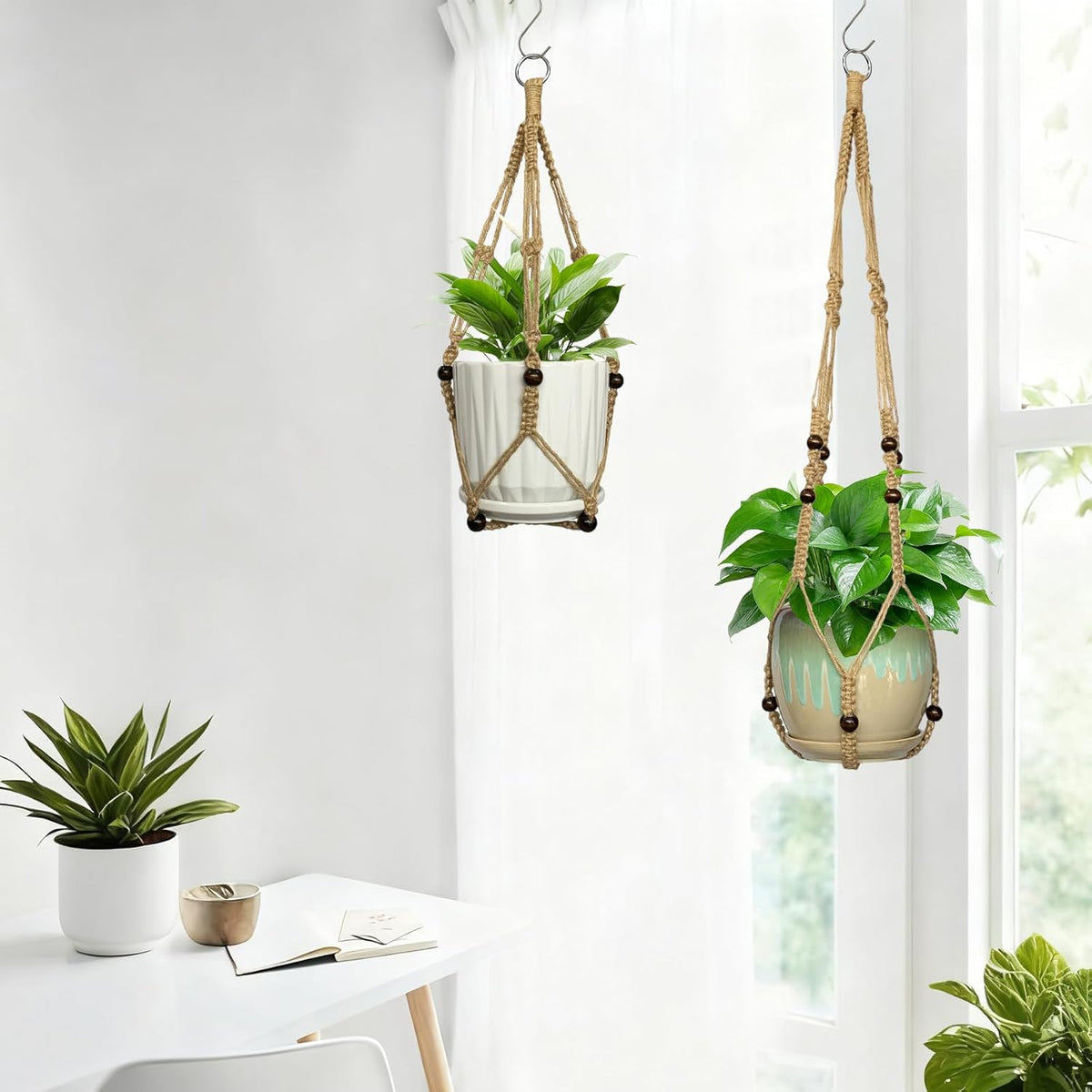3 Pcs Macrame Plant Hangers,Indoor Different Size Hanging Planter Basket Flower Pot Holder with Beads,No Tassels Hanging Planter Basket with Wood Beads for Indoor Outdoor Home Decor