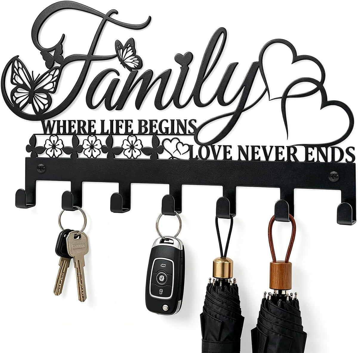 Keys Holder on Wall, Decorative Metal Hanger with 7 Hooks, Black