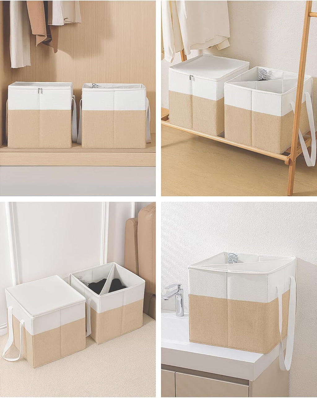 2-Pack Rigid Clothes Hanger Organizer Bag with Dust-Proof Lid, Hanger Storage Holder with Support Boards, Large Capacity Clothes Storage Containers with Handle for Laundry-Beige/Linen
