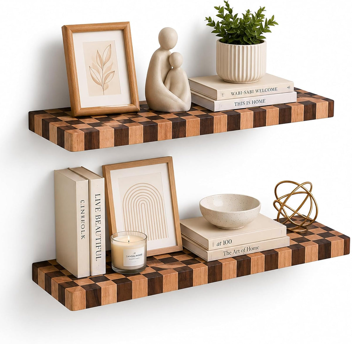 Floating Shelves for Wall, 24 Inch Solid Wood Checkered Wall Shelves