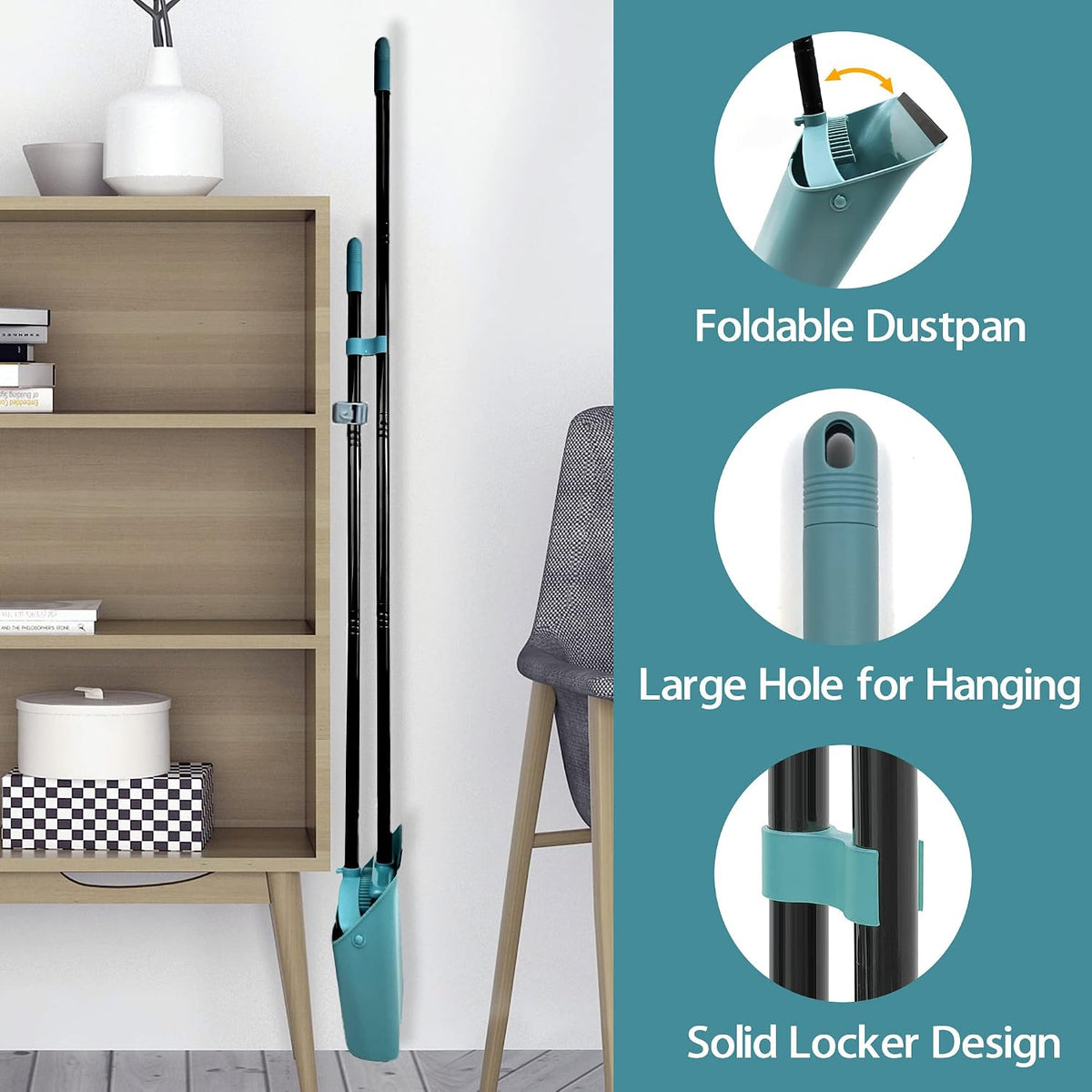 JEHONN Broom with Dustpan Combo Set, Long Handle Lightweight Indoor Broom Set, Upright Standing Dust Pan with Comb Teeth Store Sweep Set for Home Room Kitchen Office Lobby (Grey-Green)