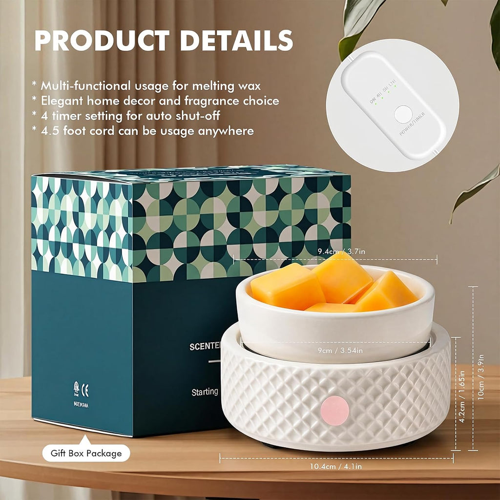 Wax Melt Burner Warmer with Timer Ceramic 4-in-1 Electric Candle Warmer Auto Shut-Off for Scented Wax Melts, Candle Jars, Essential Oil, Coffee Cup Warmer Home Decor Fragrance Gifts for Women - White