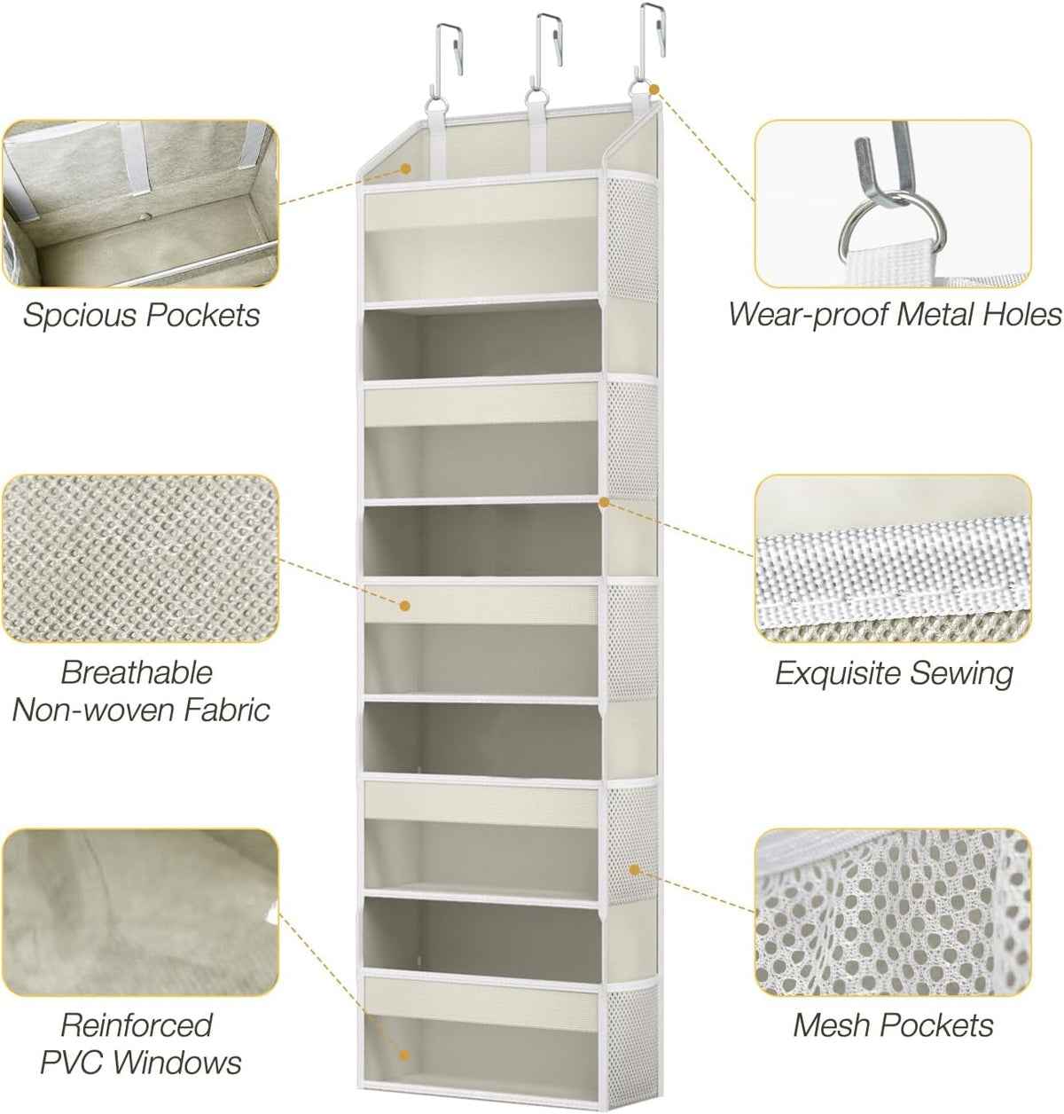 Over the Door Organizer Over the Door Shoe Organizer with 5 Front & 10 Mesh Side Pockets, Versatile 5 Shelf Hanging Holder 50lb Capacity Storage with 3 Hook for Closet, Kitchen, Pantry, Beige