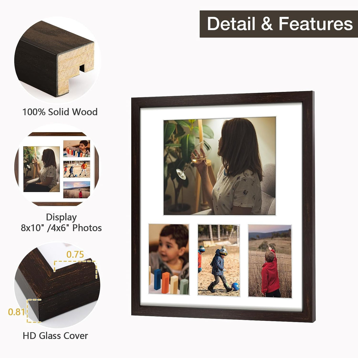 Golden State Art 14x16 Dark Brown Wood Picture Frame for 8x10 and 4x6 Photo