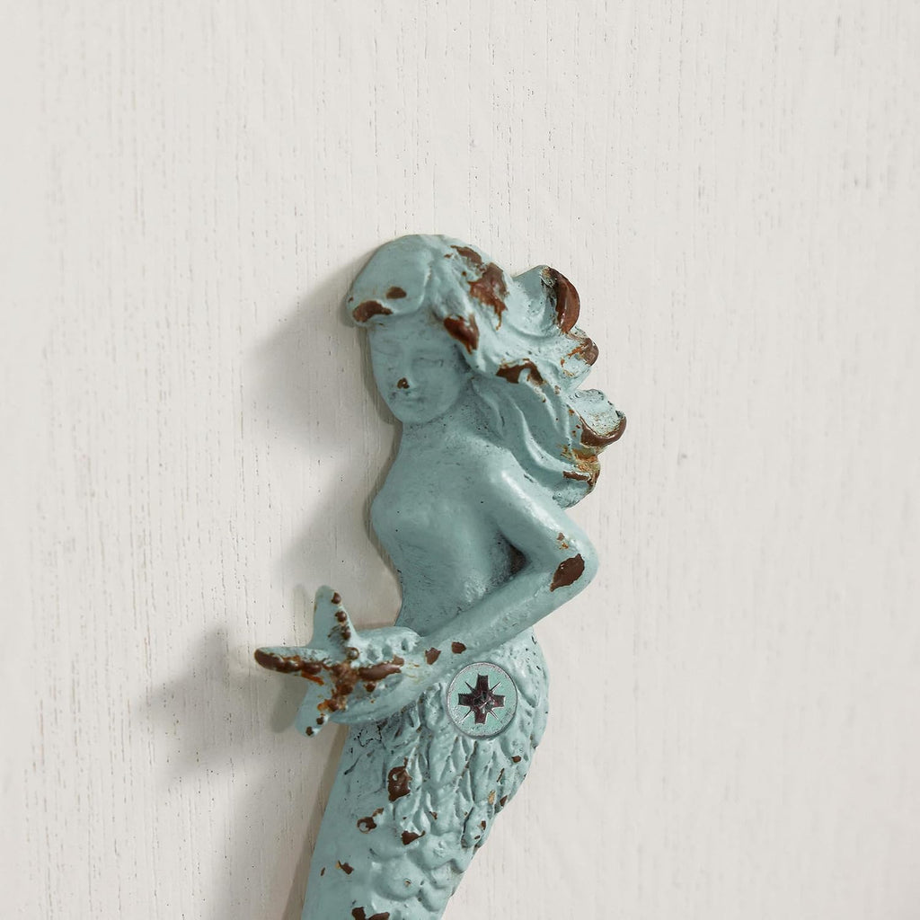 SOFFEE DESIGN 2PCS Green Mermaid Side Profile Hooks, Beach Themed Towel Hangers for Bathroom Room Decor