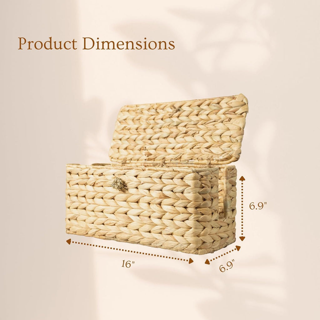 Wicker Cable Management Box with Lid, A Handwoven Water Hyacinth Cords Hider Box for TV, Computer, Router, USB Hub to Hide Cords & Power Strip for Desk, Floor, Office, 16x6.9x6.9”