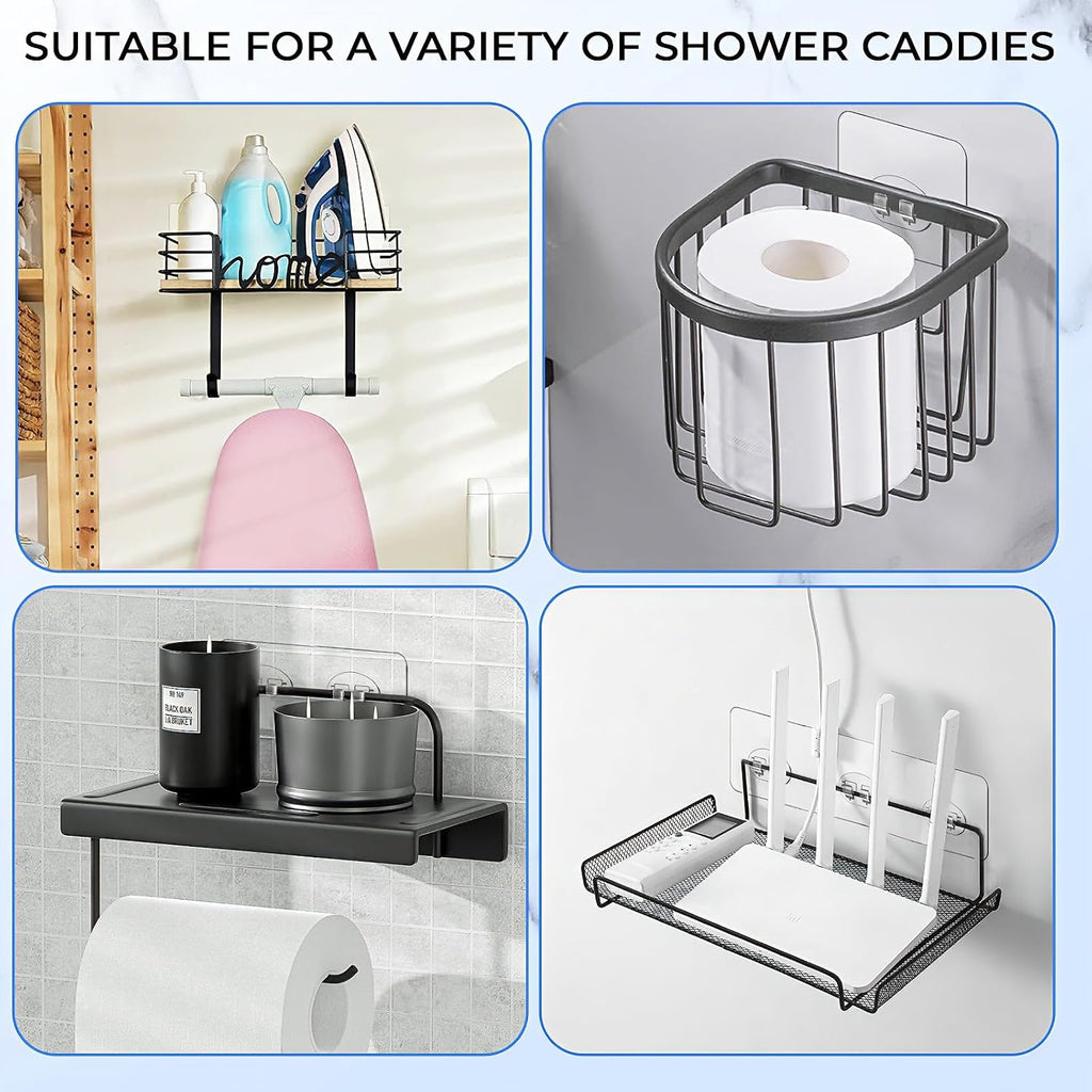 Shower Caddy Adhesive Replacement Hooks, Strong Waterproof Strips, No Drilling for Bathroom Shelves, Kitchen Racks, and Soap Holders (Transparent-4 Pack)