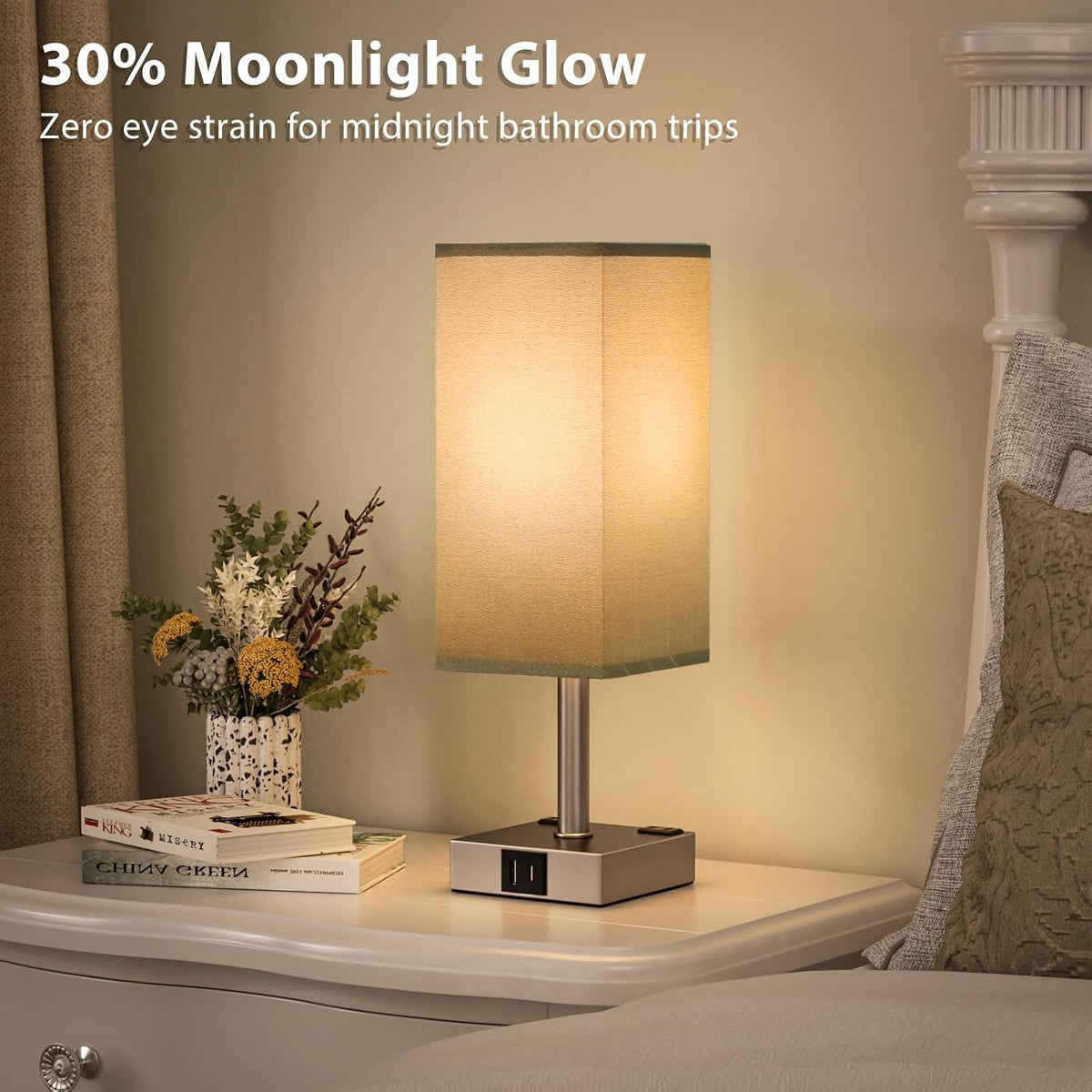 Grey Touch Lamps Set of 2 for Bedroom - Dimmable, USB C+A, 2 AC Outlets