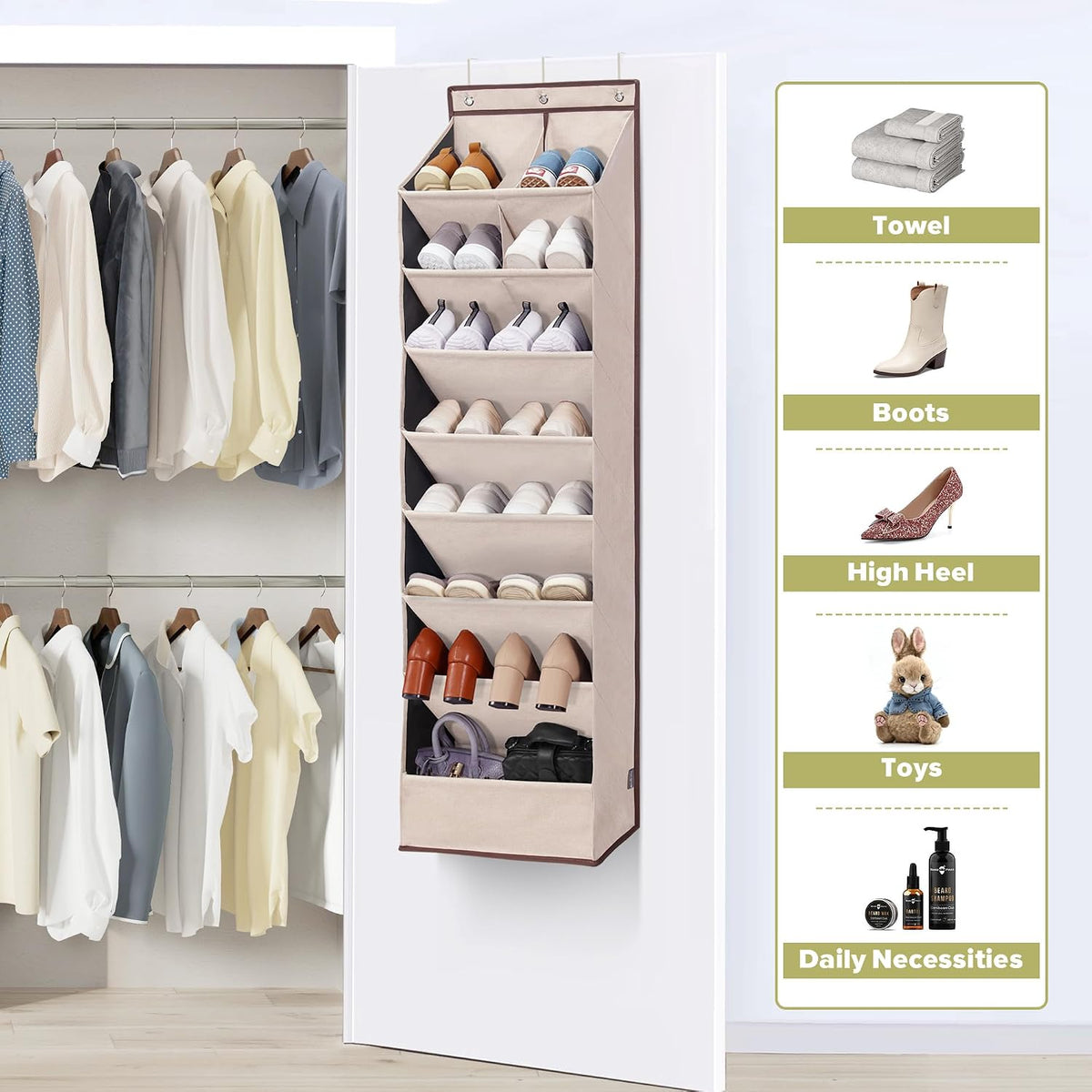 6 Pack Shoe Organizer with 6 Extra Large Pockets and 4 Large Pocket, Over the Door Sturdy Closet Storage Rack, Hanging Shoe Organizer for Shoes, Sneakers, Beige