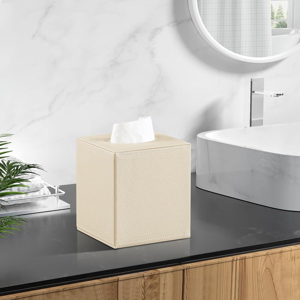Square Tissue Box Cover with Magnetic Closure Bottom, Beige