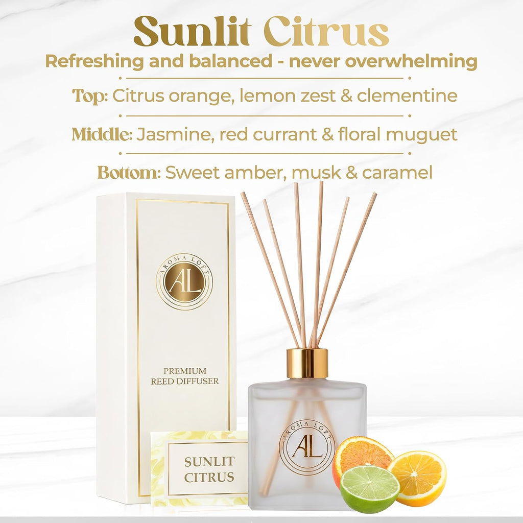 Frosted Reed Diffusers Sticks in Oil Set with Sunlit Citrus Scent | Long-Lasting Reed Diffusers for Home, Office, Bathroom, & Bedroom Decor Fragrance Diffuser | Frosted Diffuser | (5 oz)