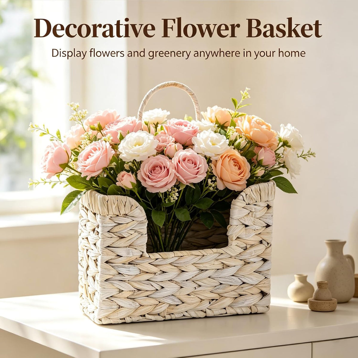 Hanging Magazine Basket, Woven Wall Magazine Holder Organizer with Handle for Mail, Files, Books - Water Hyacinth Farmhouse Storage Rack for Bathroom, Kitchen, Office (1, White)