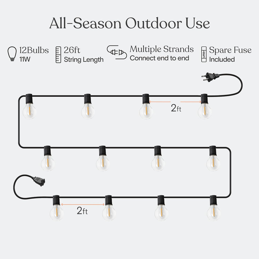 Brightech Ambience Pro LED String Lights - 26 Ft Patio Lights Outdoor Waterproof - Globe Porch String Lights for Outside, Christmas, Backyard - 12 Bulbs, 1W Vintage Edison, Warm White Black