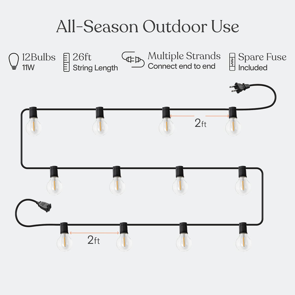 Brightech Ambience Pro LED String Lights - 26 Ft Patio Lights Outdoor Waterproof - Globe Porch String Lights for Outside, Christmas, Backyard - 12 Bulbs, 1W Vintage Edison, Warm White Black