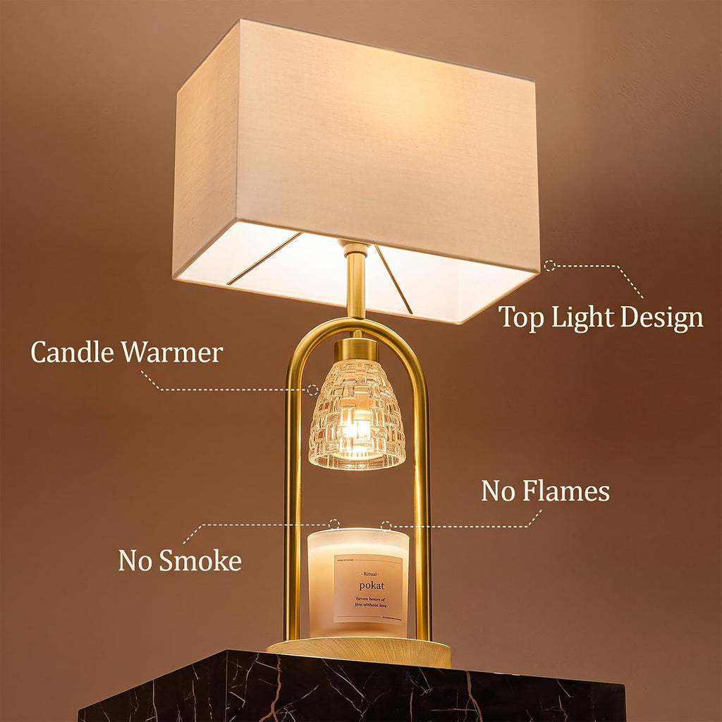 PoKat 22'' Table Lamp with Candle Warmer for Bedroom, Farmhouse Wood & Gold