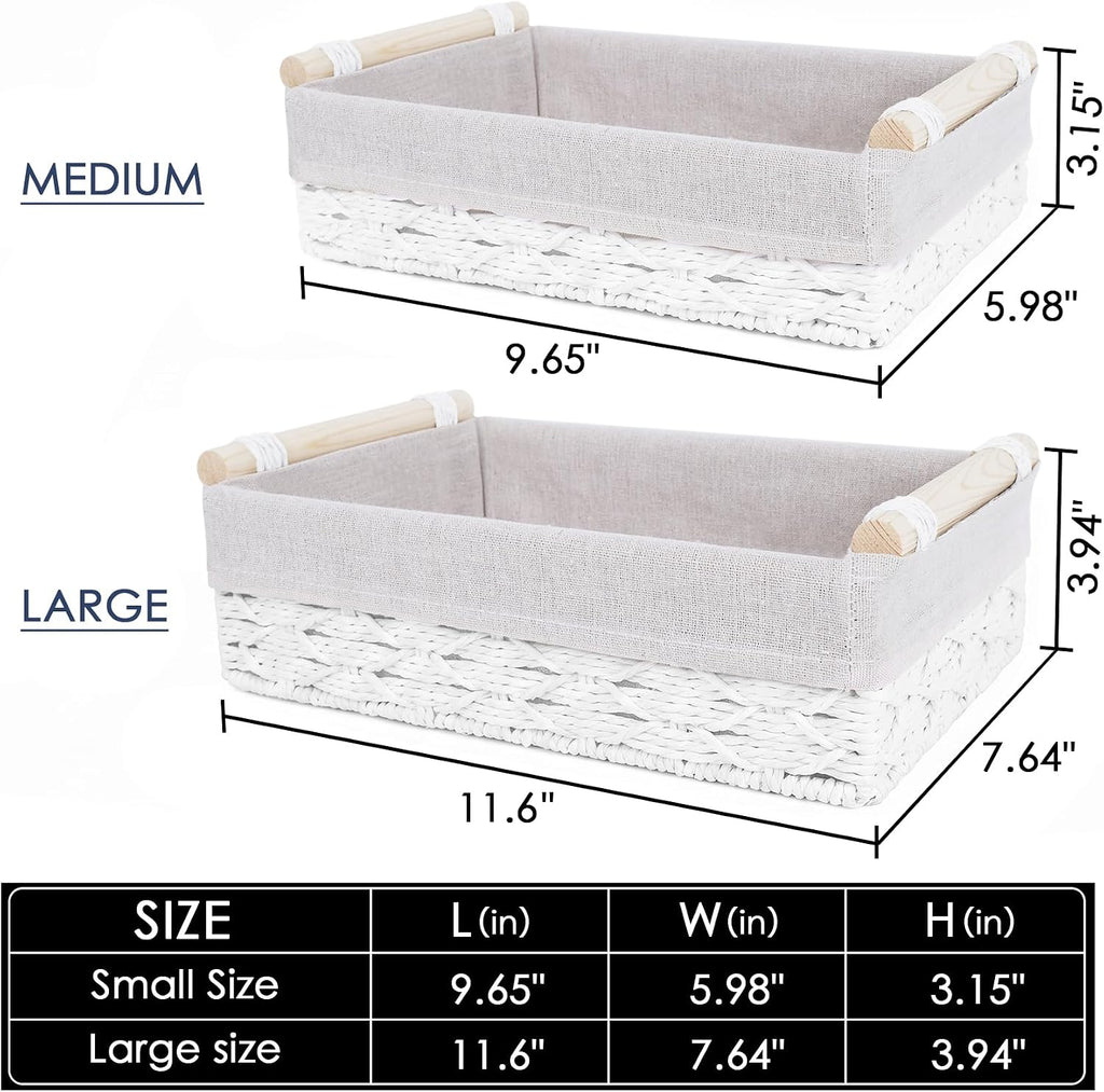 Wicker Storage Basket with Wooden Handle 2 Pack–Paper Rope Decorative Toilet Paper Baskets & Bathroom Organizer for Toilet Tank Top, Shelves, Bedroom, Countertop,Home,Office Storage Bins,White