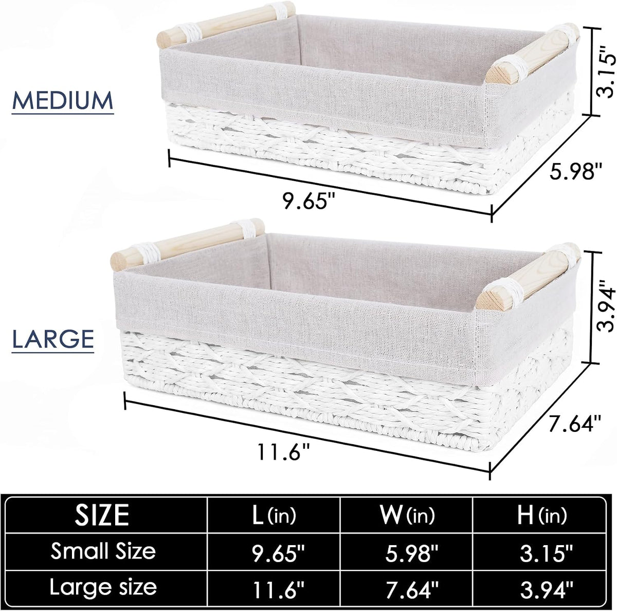 Wicker Storage Basket with Wooden Handle 2 Pack–Paper Rope Decorative Toilet Paper Baskets & Bathroom Organizer for Toilet Tank Top, Shelves, Bedroom, Countertop,Home,Office Storage Bins,White