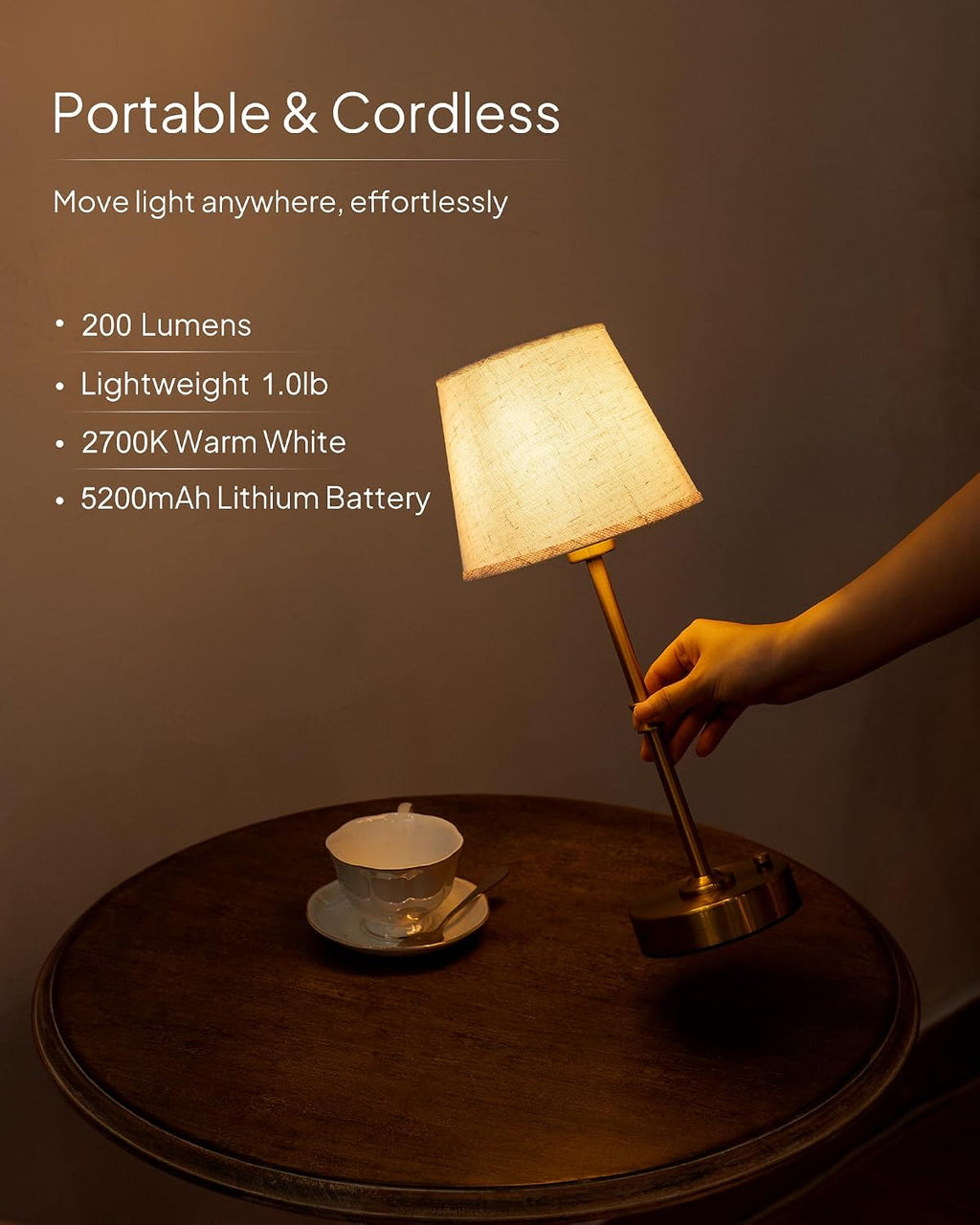 EppieBasic Cordless Table Lamp Rechargeable: Fast Charging & Long Lasting - 2700K Warm Light Small Vintage Gold Side Table Lamps - Dinning Living Room Bedroom - Linen Shade