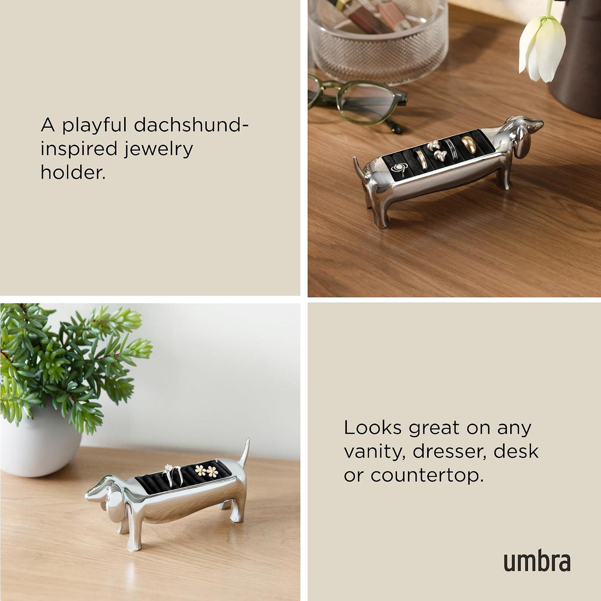 Umbra Dachsie Ring Holder, Weiner Dog Dachshund Jewelry Storage, Chrome