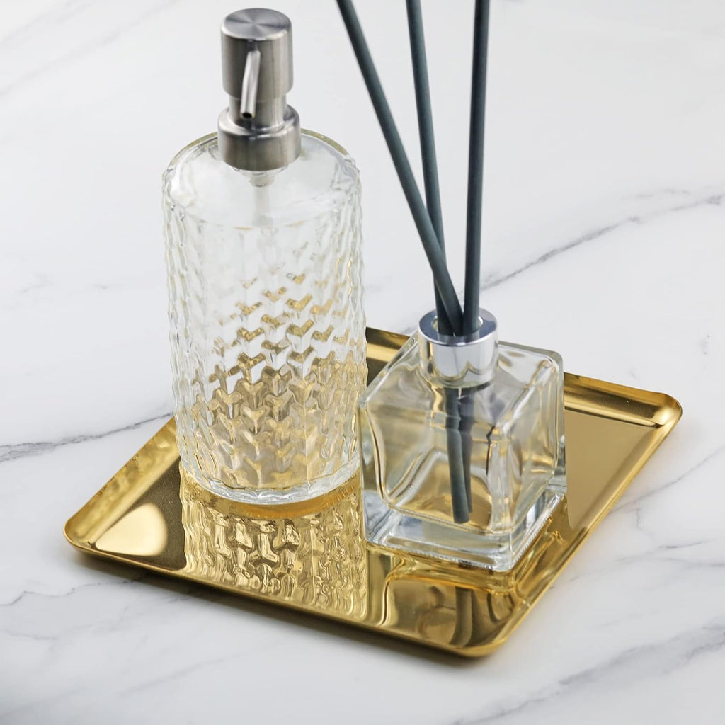 FREELOVE Metal Decorative Tray, Catchall Trays for Candle Tools Napkin Holder, Perfume Jewelry Organizer Makeup Trinket Dish, Dresser Vanity Counter Coffee Table Decor, Mirror Gold, 8''X8''