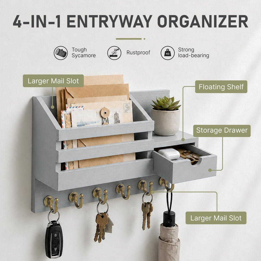 FifthQuarter Key Holder for Wall with Drawer and 6 Sturdy Hooks, A-Grey