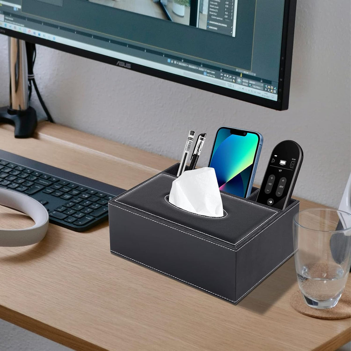 Multifunction PU Leather Tissue Box Cover Rectangular Upgrade Large Size Stationery Napkin Remote Control Holder Storage Box,Facial Tissue Dispenser Desk Organizer Caddy Home Office Supplies (Black)
