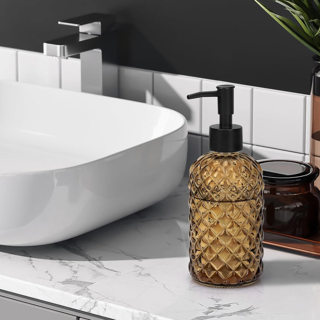 1 Pack 13.5oz Glass Soap Dispenser with Plastic Pump, Diamond Design Refillable Hand Soap Dispenser for Hand Wash, Bathroom and Kitchen (Amber)
