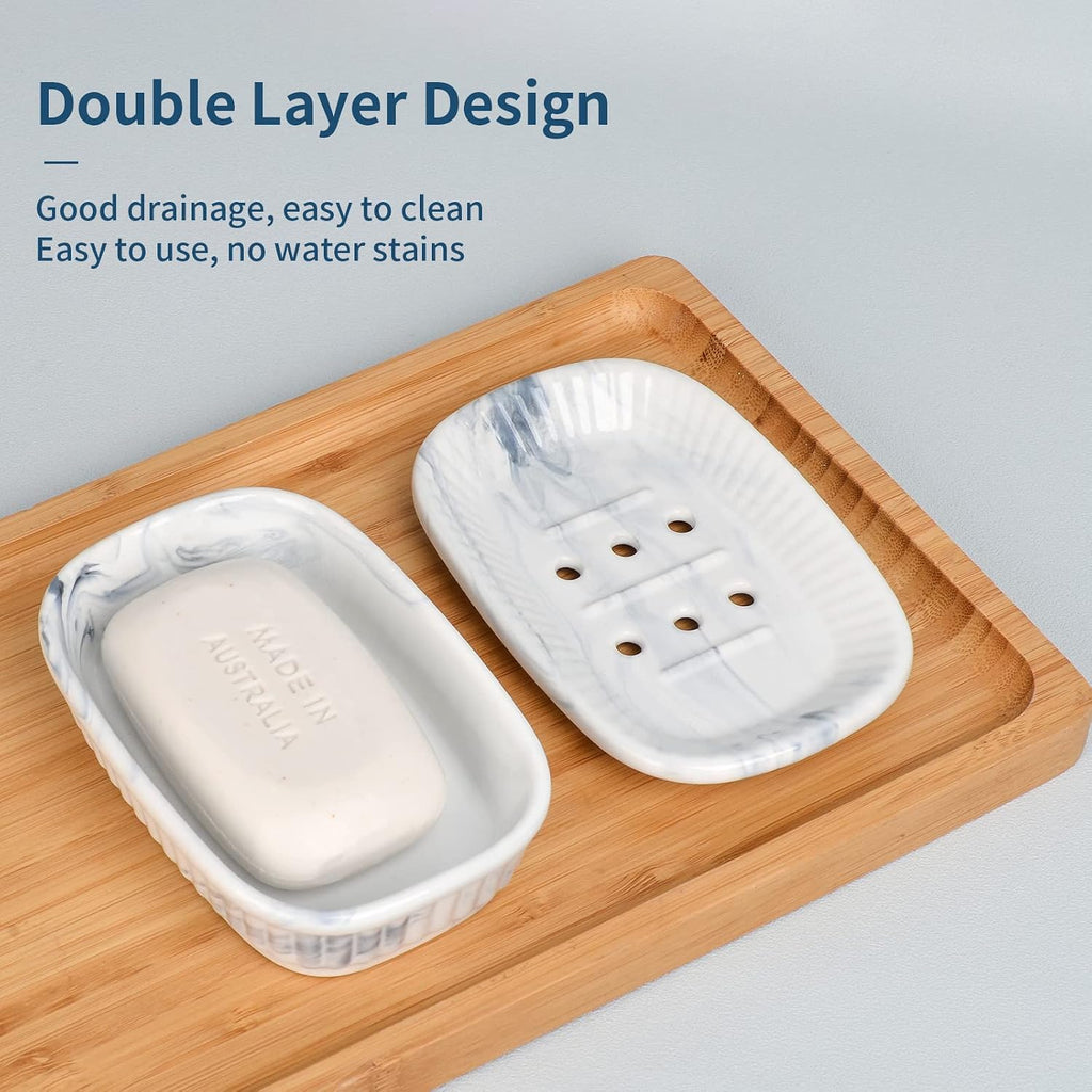ANTIS'S HOME Marble Blue Double Layer Ceramic Self Draining Soap Dish Bathroom