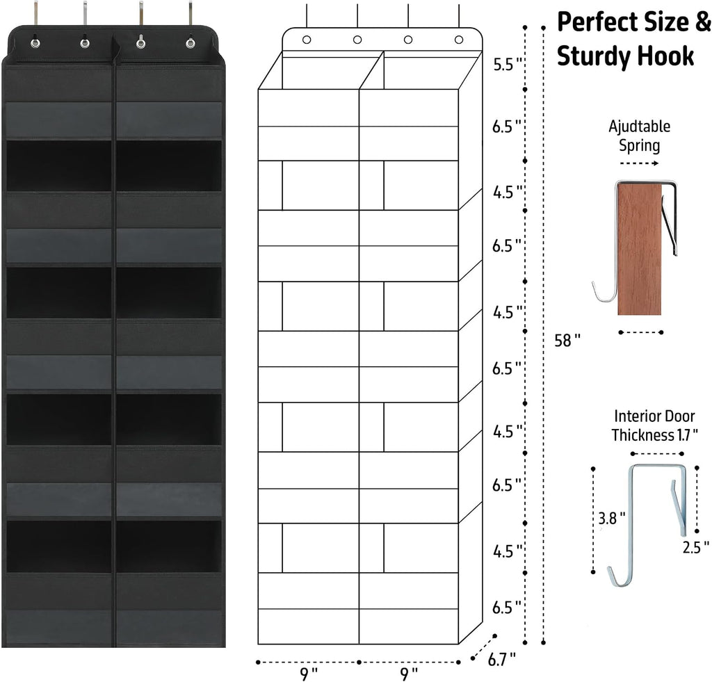 Black Over Door Organizer with 10 Large Front Pockets and 6 Side Mesh Pockets, Double-Row Hanging Door Storage for Closet, Bathroom, Nursery, Bedroom, Dorm, Toys, Cosmetics, Baby Essentials