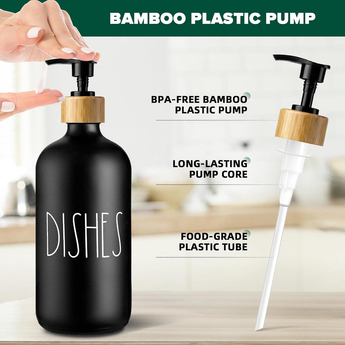 Dish Soap Dispenser for Kitchen, Matte Black Soap Dispenser, Glass Dishes Soap Dispenser with Bamboo Pump, 17 Fl Oz Refillable Liquid Soap Bottle Container, Farmhouse Kitchen Deco