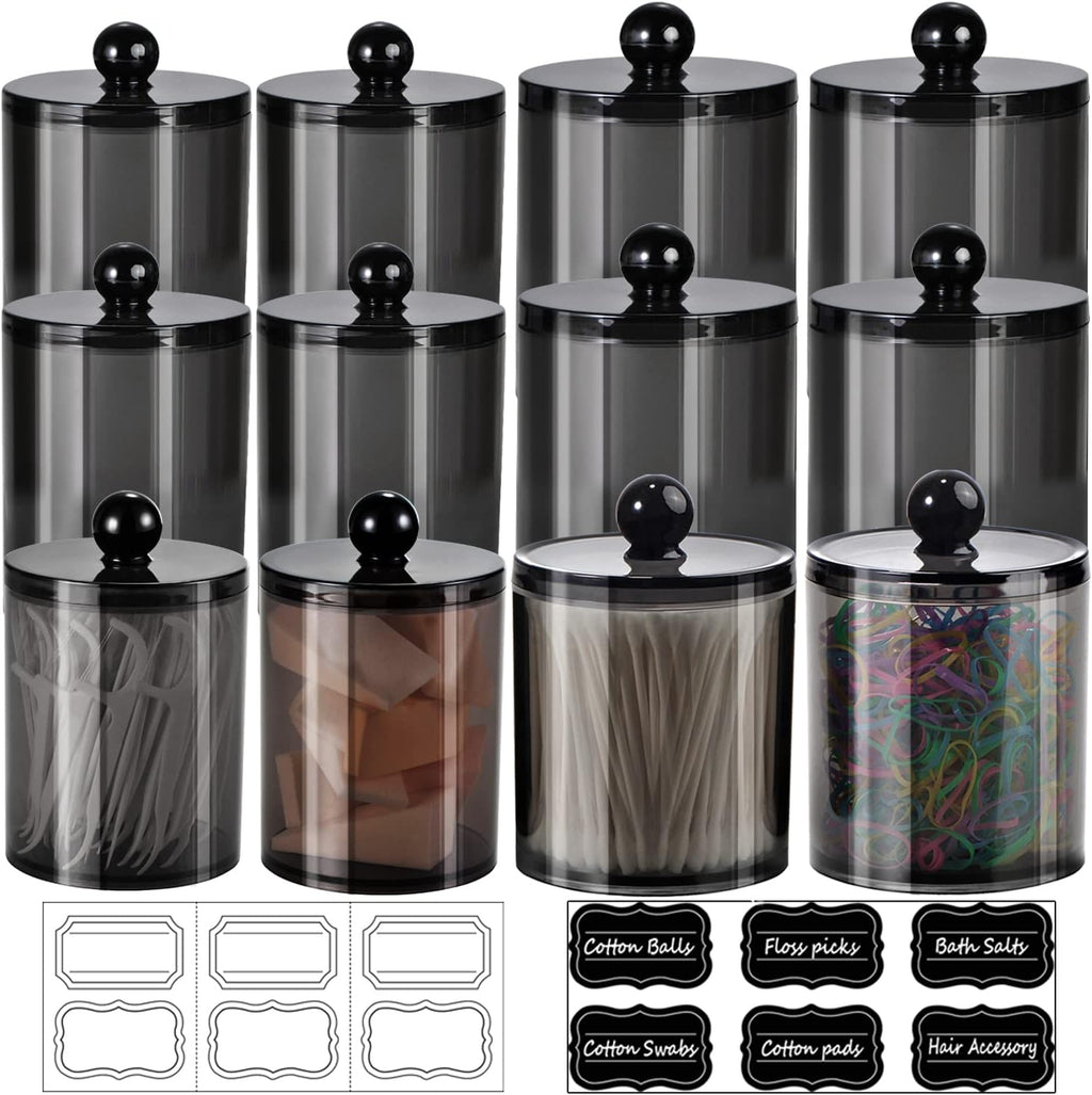 SheeChung 12 Pack Black Qtip Holder,Acrylic Apothecary Jars with Lids