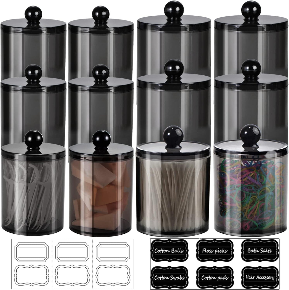 SheeChung 12 Pack Black Qtip Holder,Acrylic Apothecary Jars with Lids