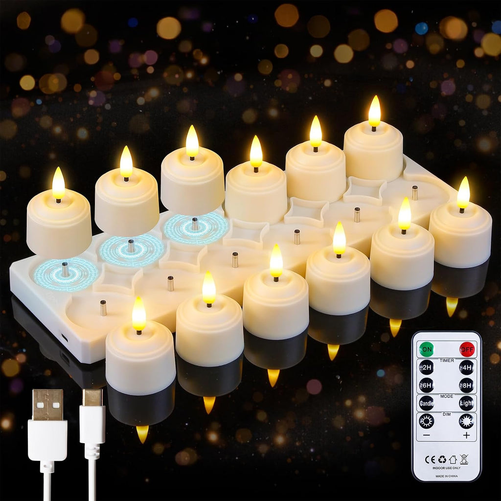 Rechargeable LED Set of 12 Tea Light Remote Candles with Charging Station, Ivory Base Timer Flameless Flickering Plastic Votive 1.6" x2.2" Tealights (2.5 Hrs Fast Charge, 100 Hrs Long Lasting)