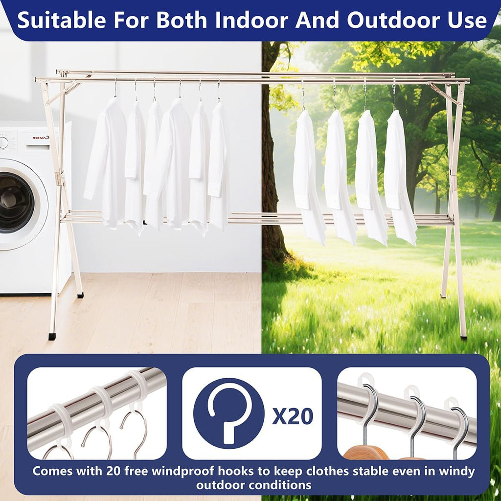 63 inches Foldable Clothes Drying Rack, Stainless Steel Indoor Outdoor Use