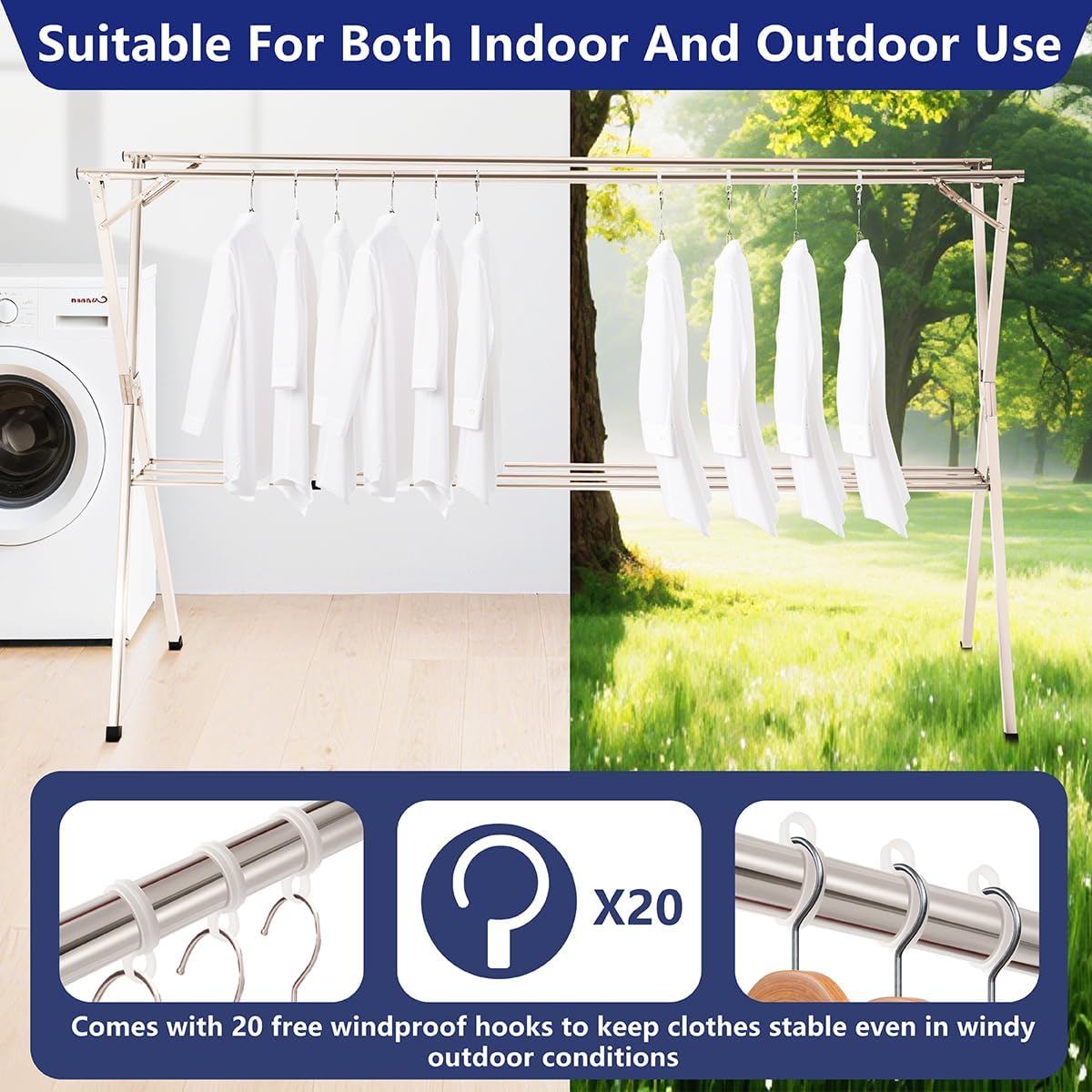 63 inches Foldable Clothes Drying Rack, Stainless Steel Indoor Outdoor Use