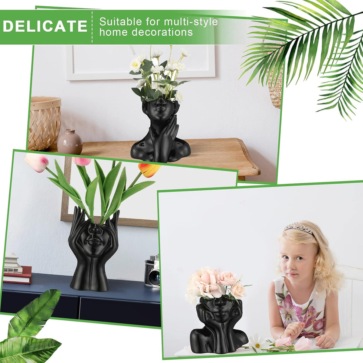 Sieral 3 Pcs Ceramic Face Vase Female Form Body Flower Vase, Small, Black